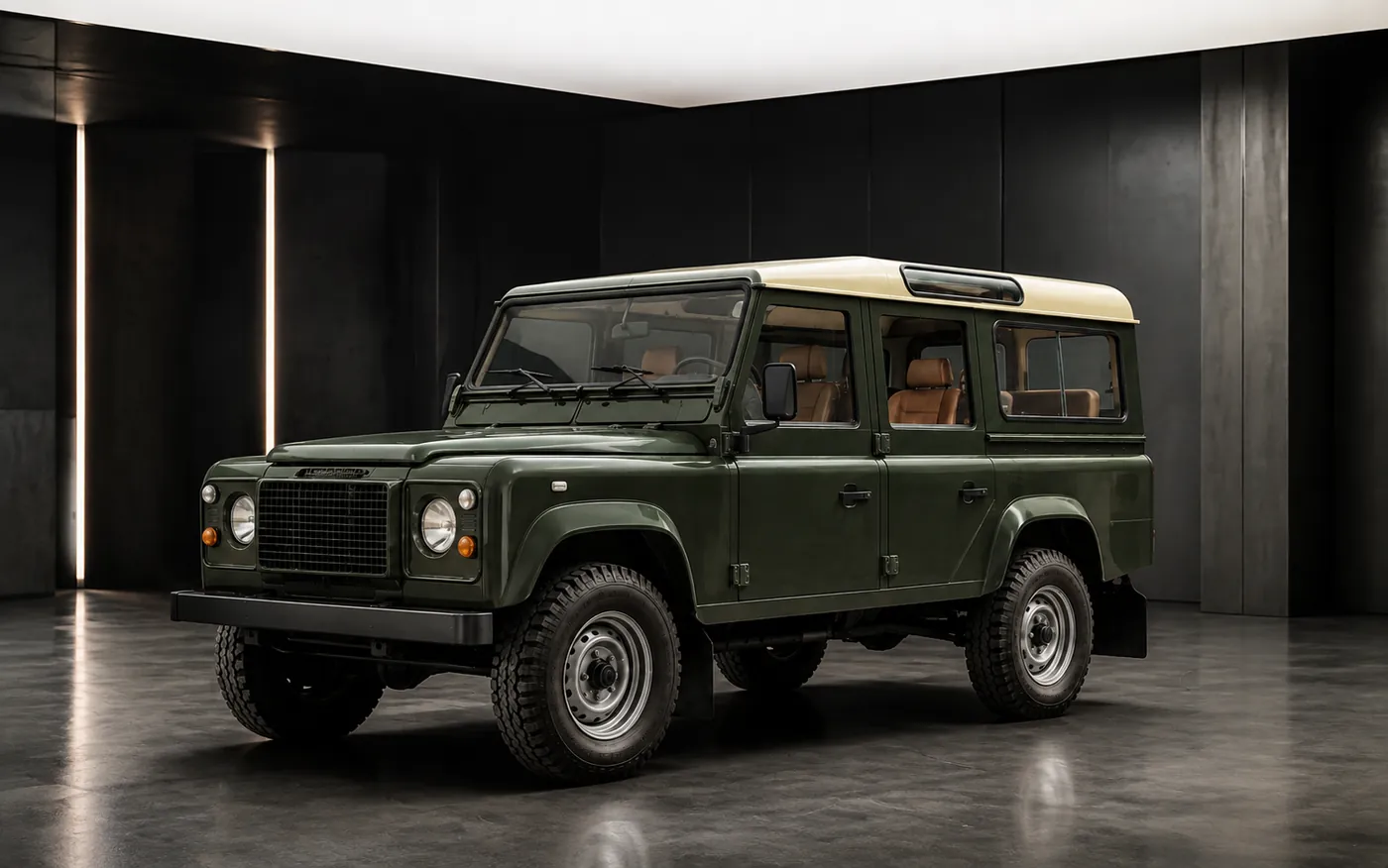 The Defender in a dark studio