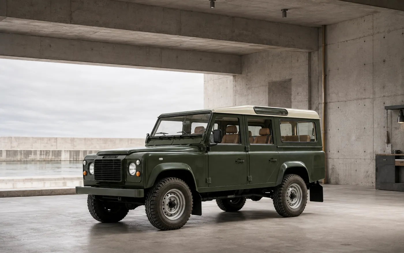 The Defender in a concrete bay by the water