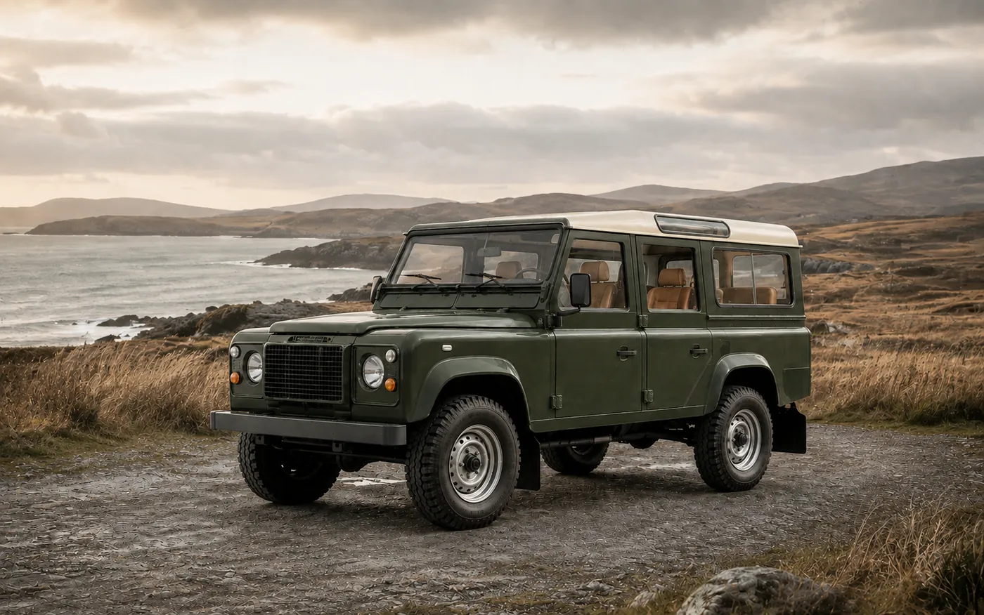 The Defender on a coastal landscape road