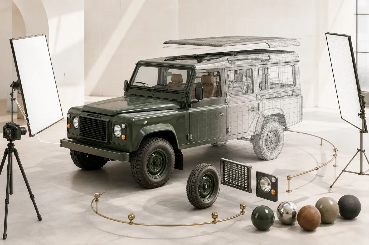 A Defender half-rendered, half-wireframe with studio lights, camera and material spheres — the 3D Studio