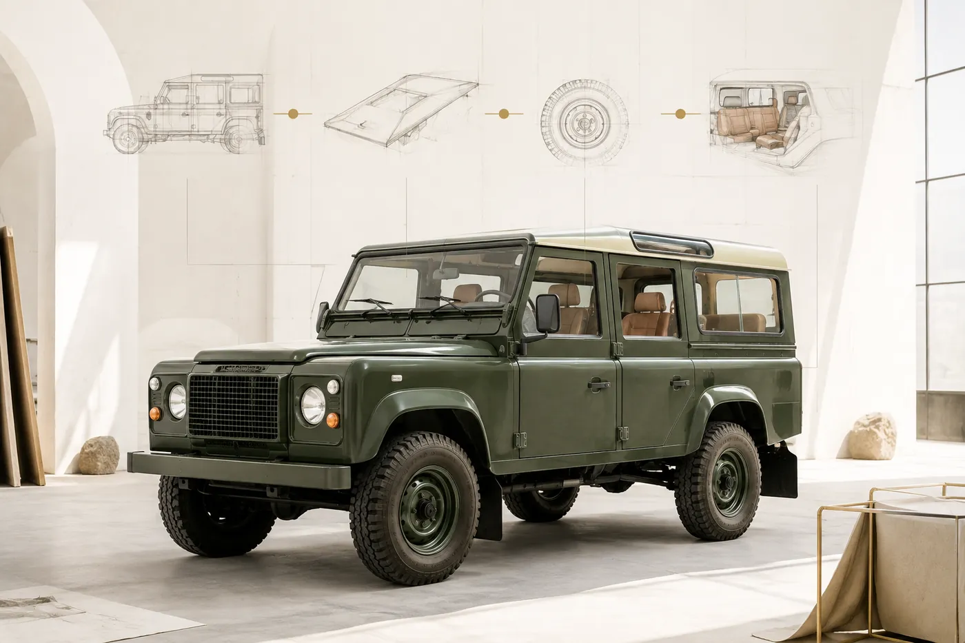 A Defender in the studio with design sketches on the wall — the guided commission journey