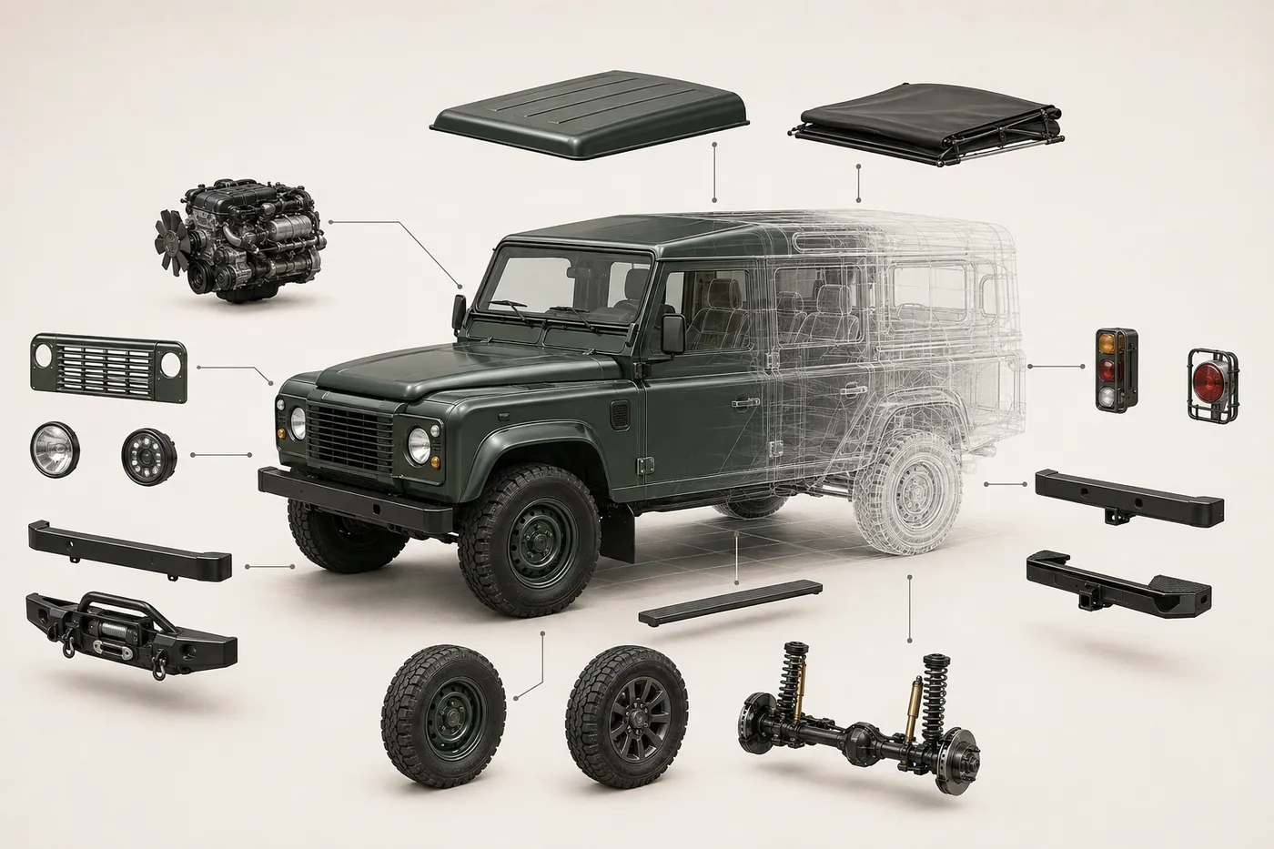 Exploded view of a Defender's configurable exterior components
