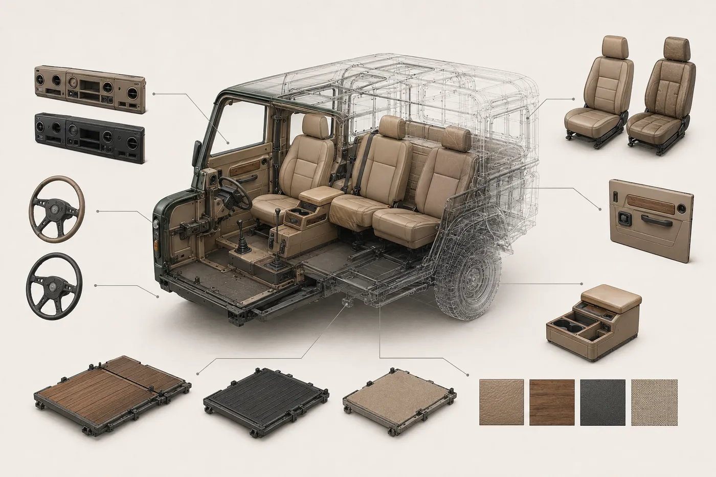 Exploded view of the configurable cabin — dashboards, seats, floors and trim